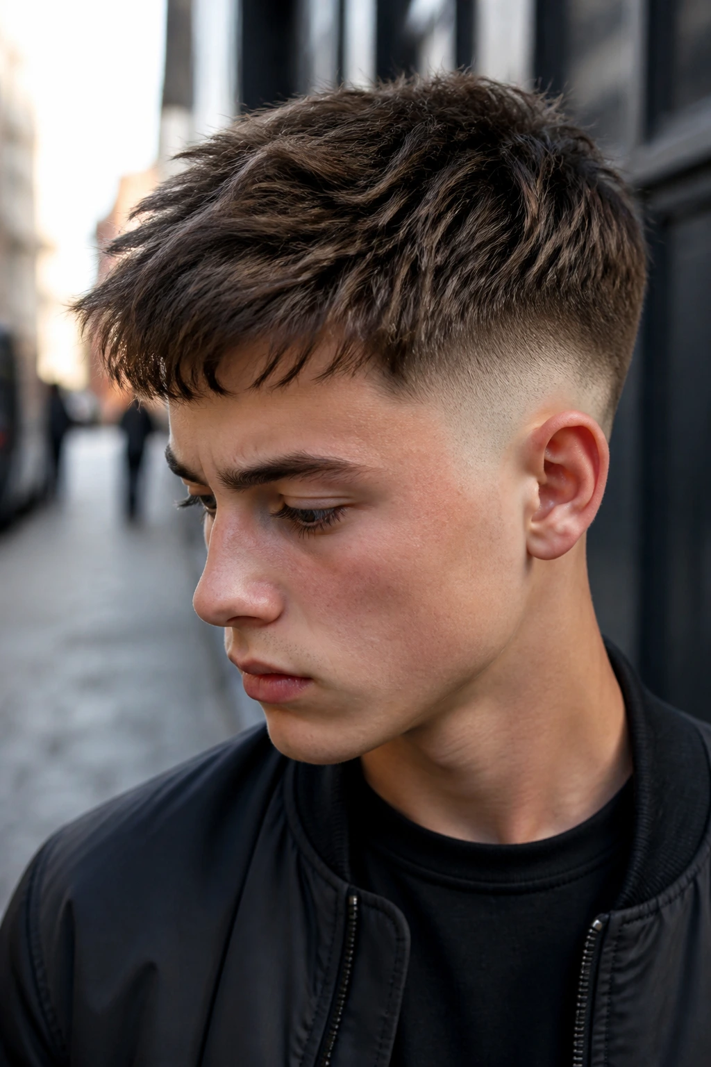 Boy with textured crop fade showing textured top and faded sides.