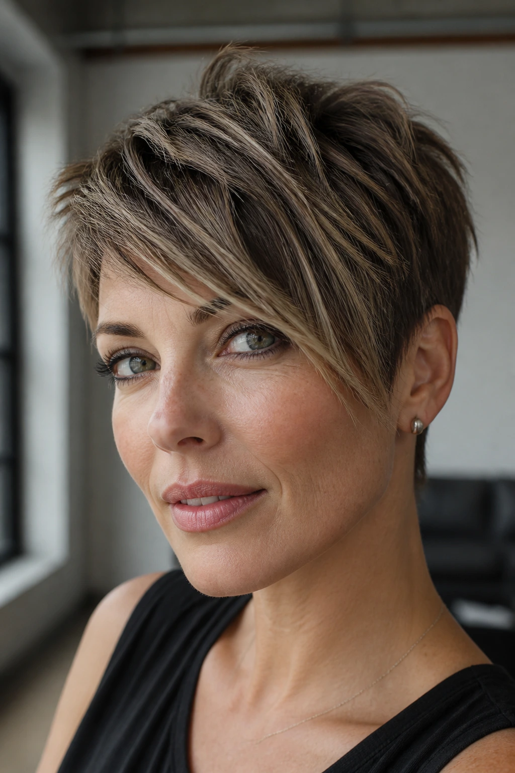 Close-up of a real person with a textured crop and piecey side fringe