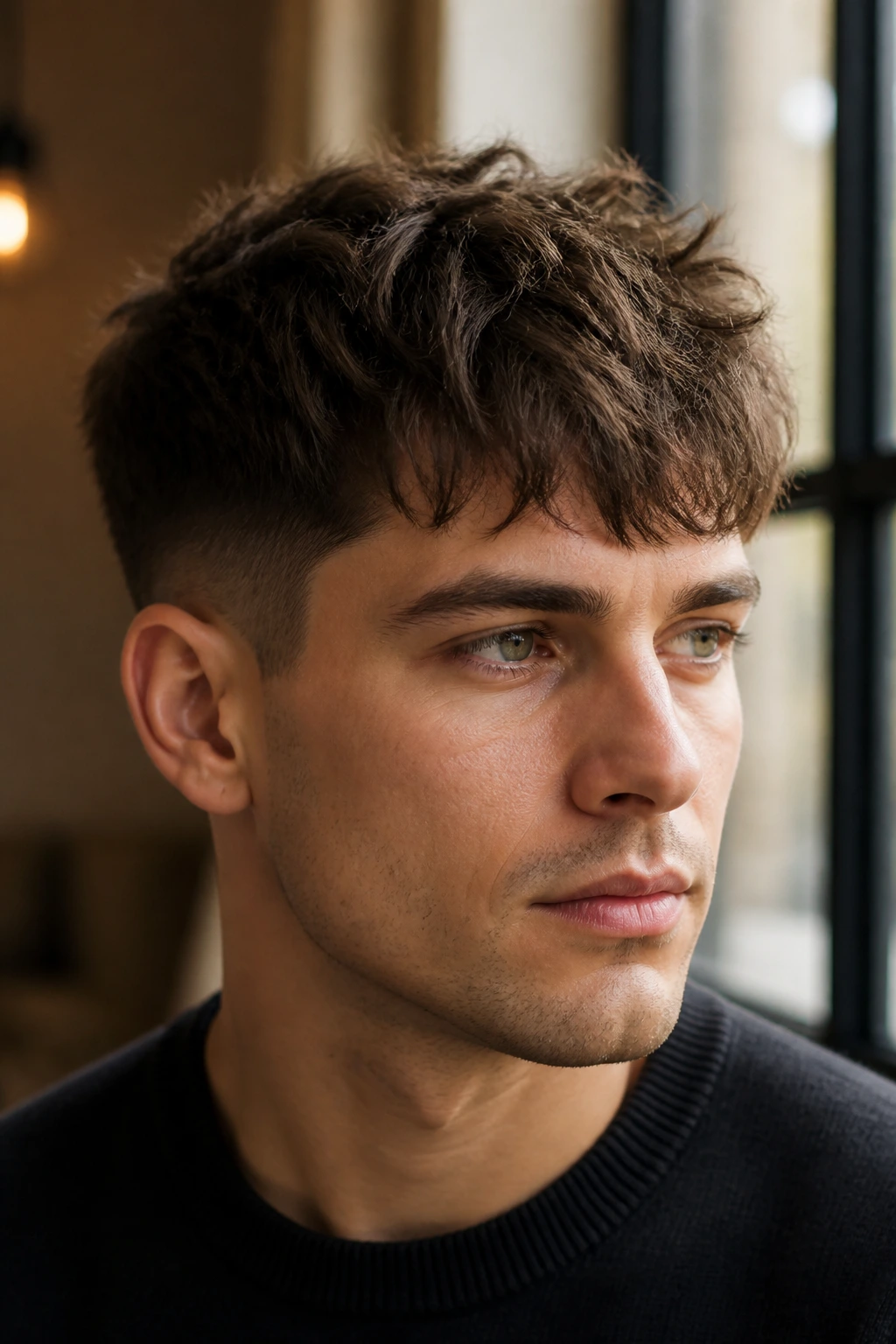 Man with textured crop and soft fringe in daylight setting
