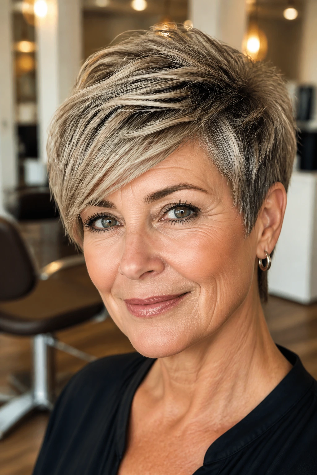 Close-up of a woman with a textured crop and swept fringe in a modern salon