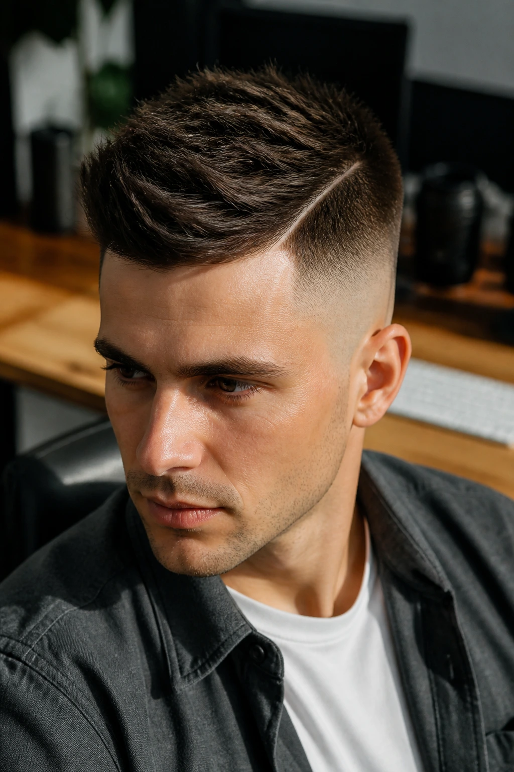 Close-up of a man with a hard part and textured crop