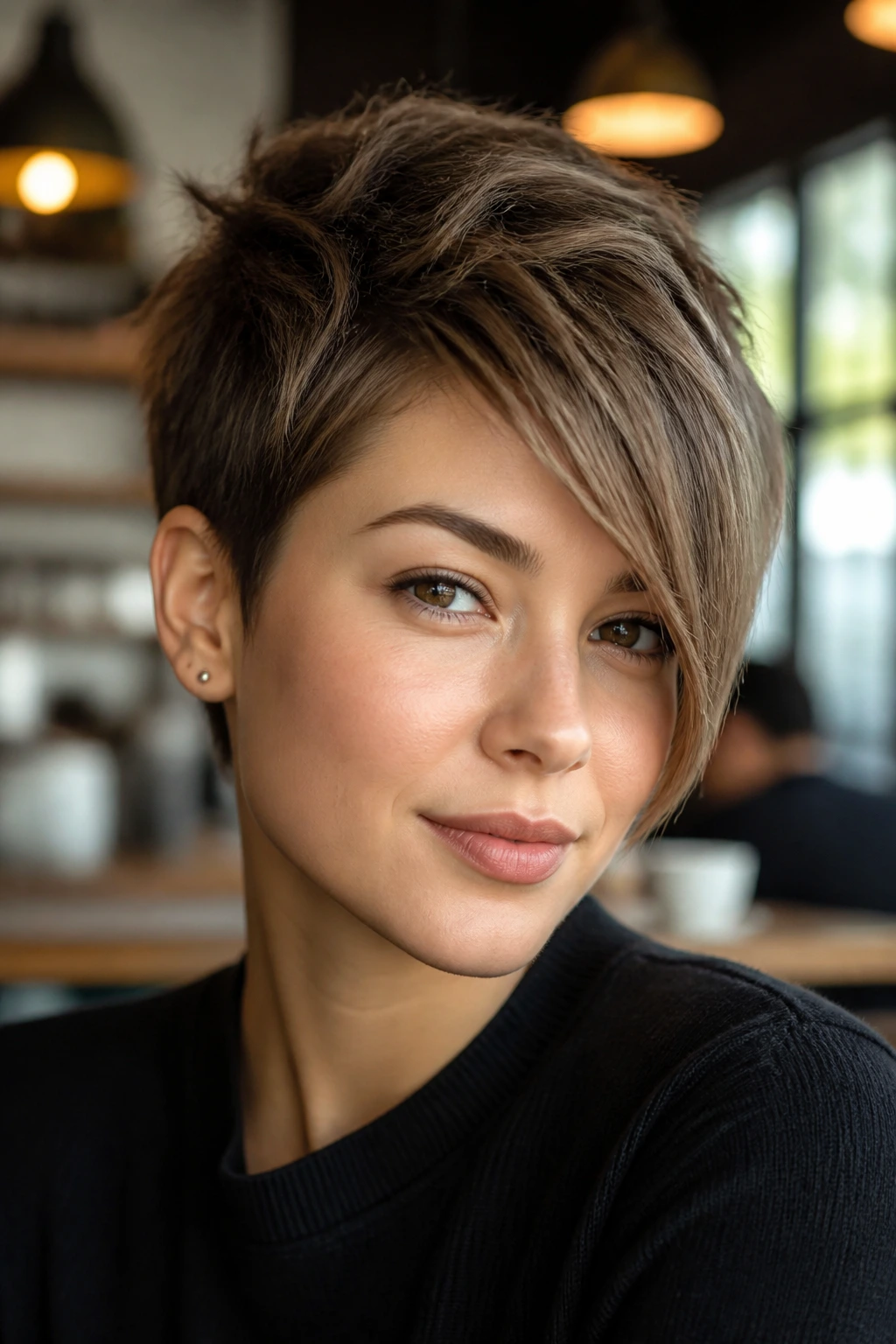 Portrait of a person with a textured crop and long side fringe sweeping diagonally across the forehead.