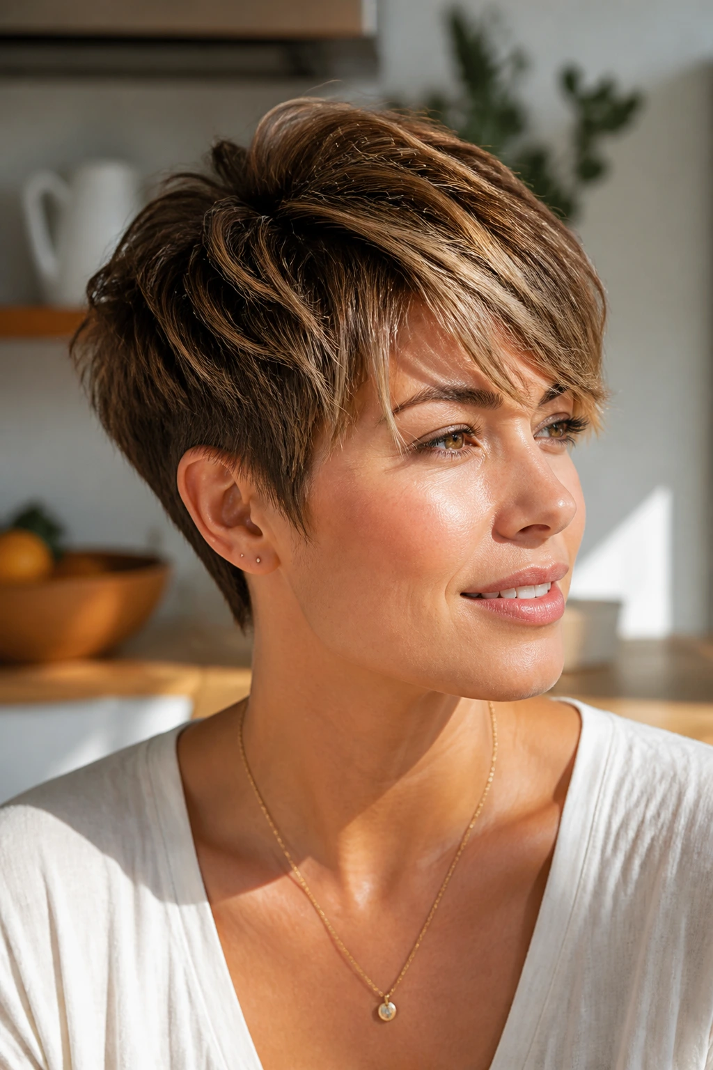 Close-up portrait of a real woman with a textured crop and long top with babylights