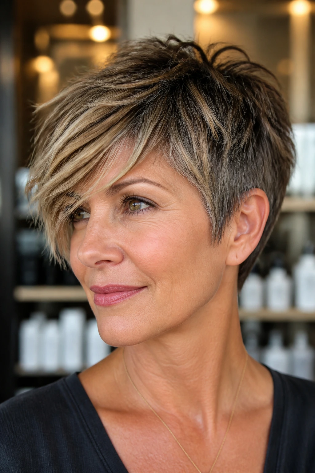 Close-up of a real woman with a textured crop featuring a longer front in a salon setting.