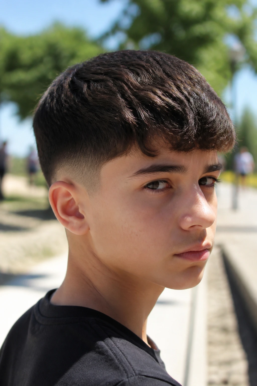 Close-up of a real boy with textured crop and low fade.