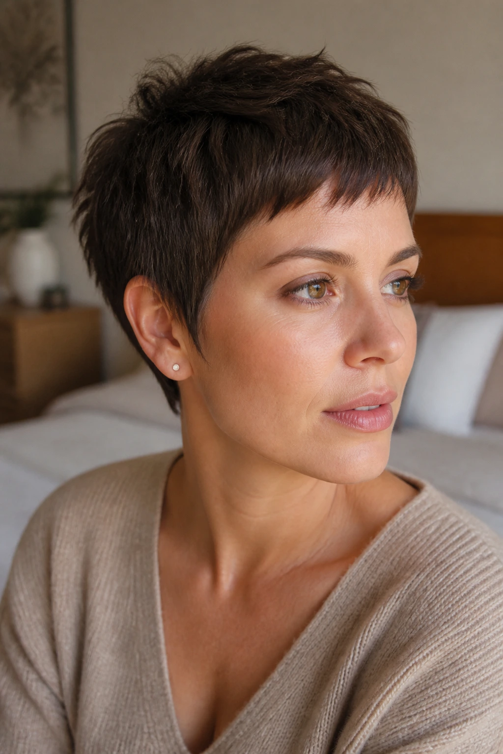 Close-up portrait of a woman with textured crop and micro-bangs