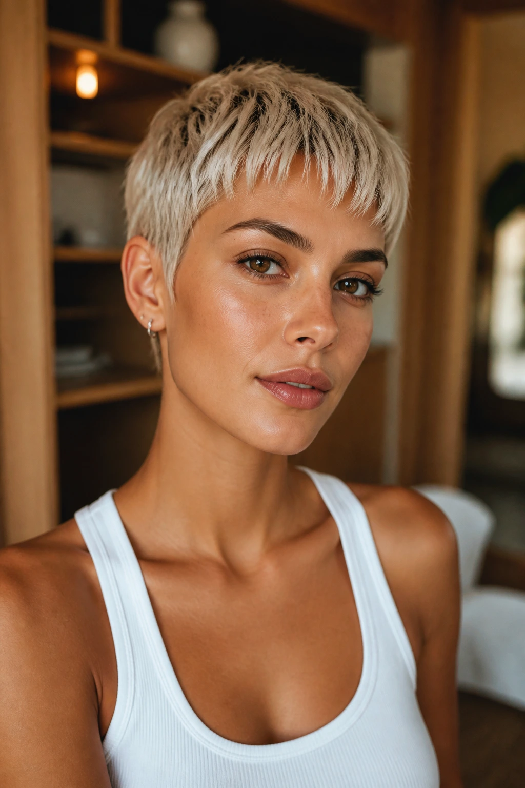 Close-up of a woman with a textured crop and micro fringe in a warm wood backdrop