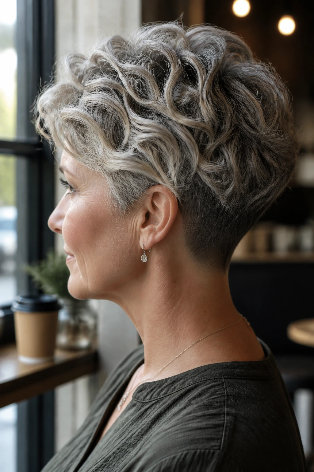 Profile of a real person with textured crop and tapered nape in cafe light