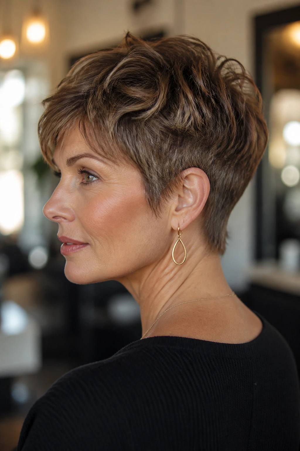 Close-up portrait of a woman with textured crop and cropped nape in a salon
