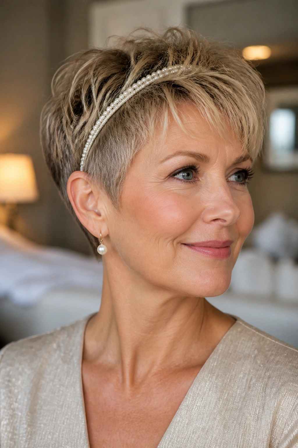 Close-up of real woman with textured crop and pearl headband