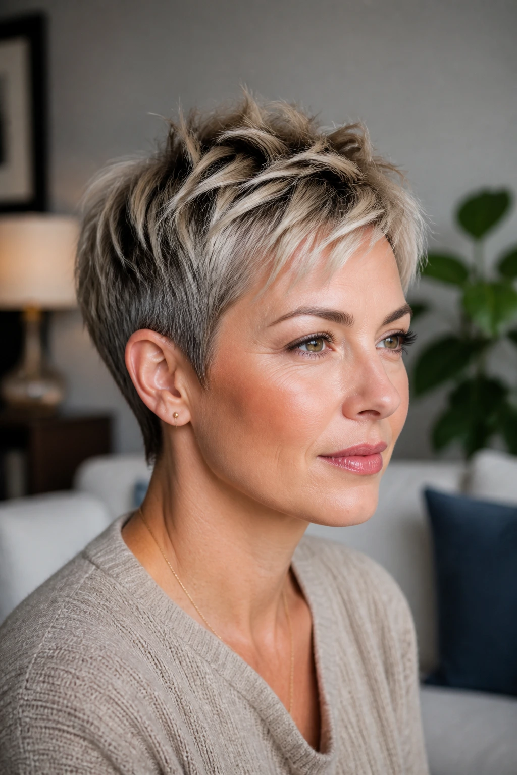 Close-up of a woman with a textured crop and piecey crown hair.