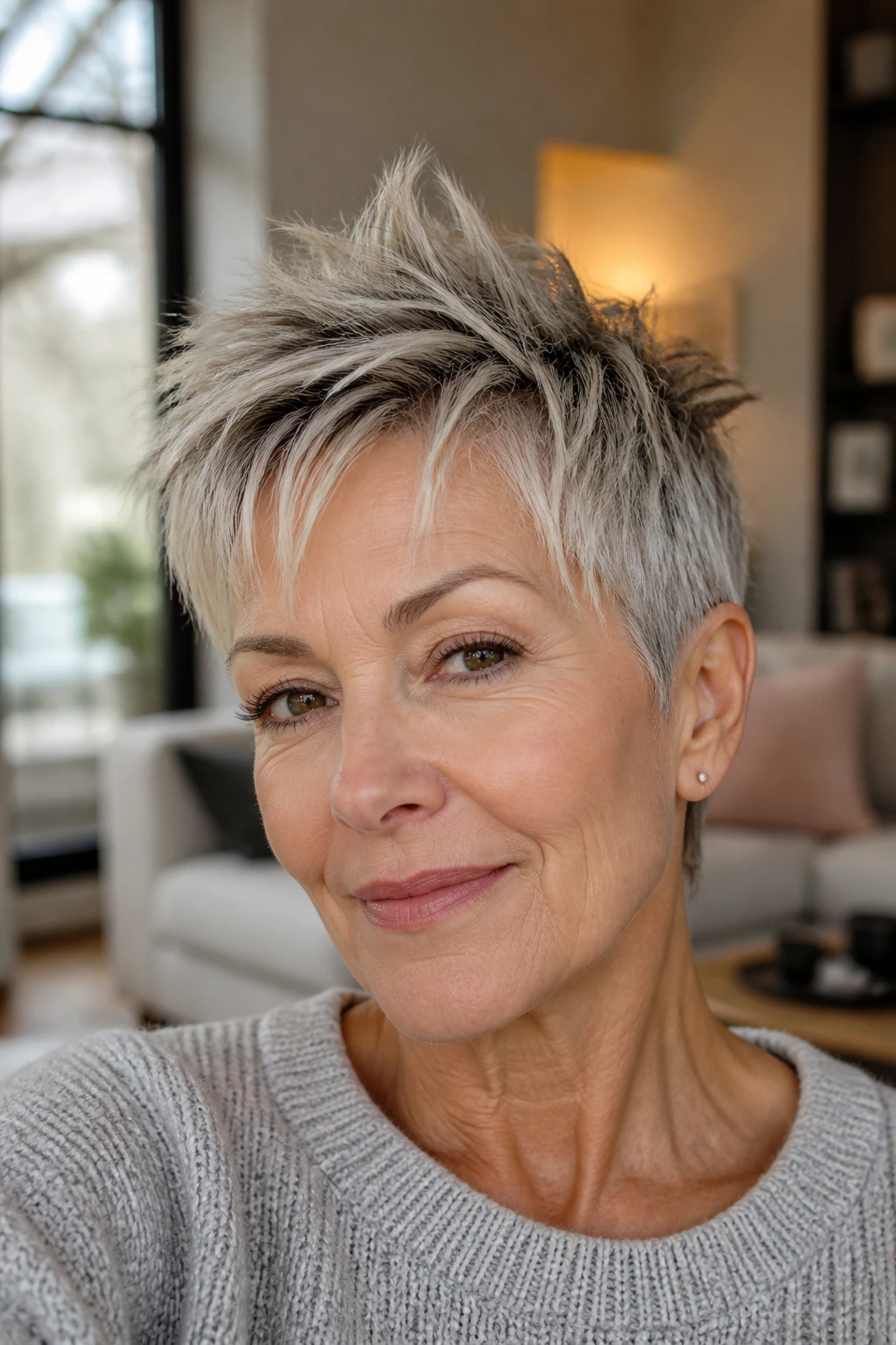 Close-up portrait of a woman with a textured crop piecey crown hairstyle in a sunlit living room