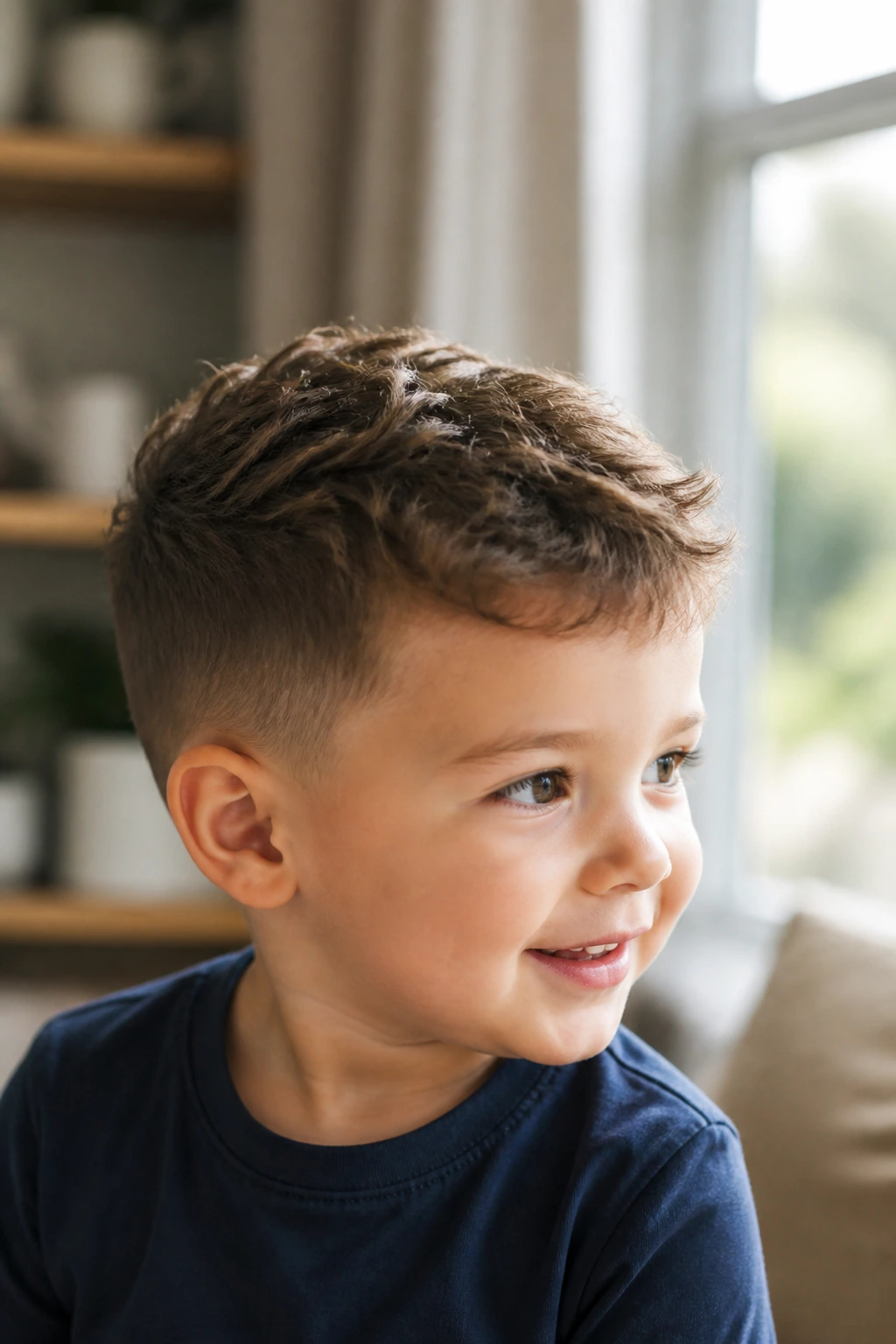Close-up of toddler with textured crop and short sides