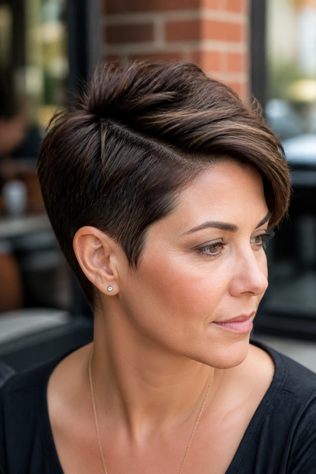 Close-up of a woman with a textured crop and deep side part in daylight outside a cafe
