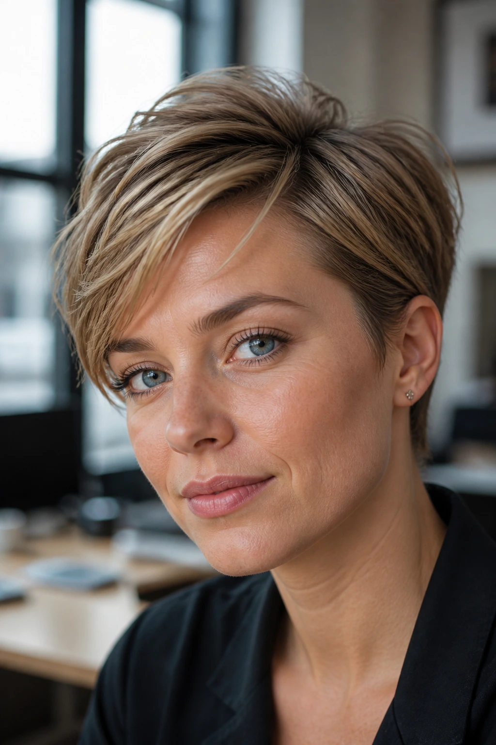 Close-up of a real woman with textured crop and side part showing root lift.