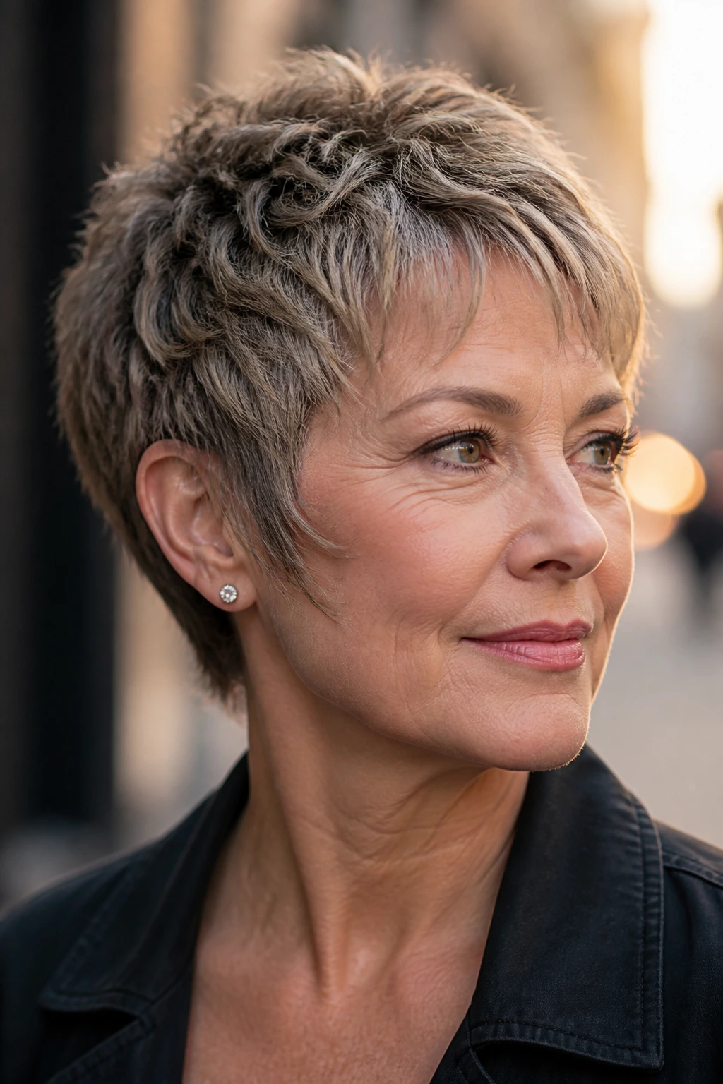 Real woman with textured crop and sideburn layers framing the jawline.
