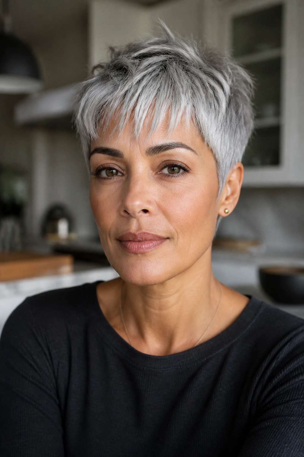 Close-up of a woman with a textured cropped silver fringe hairstyle