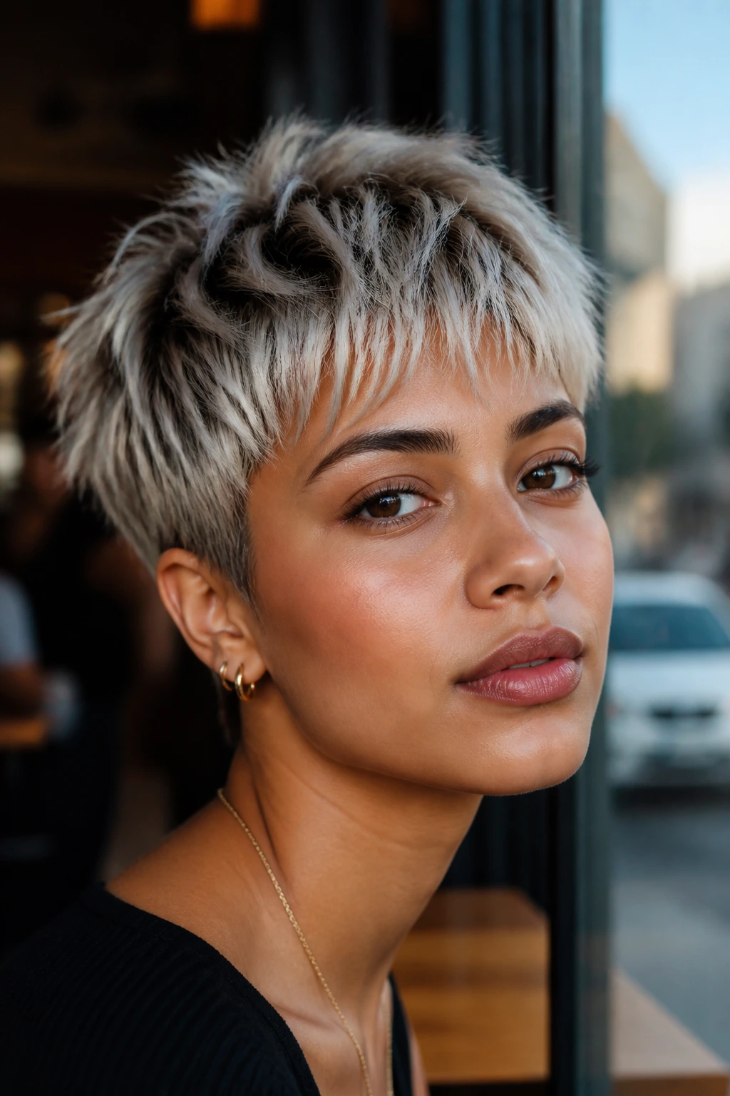 Close-up of a real woman with a textured cropped smoky melt blonde hairstyle in cafe window light