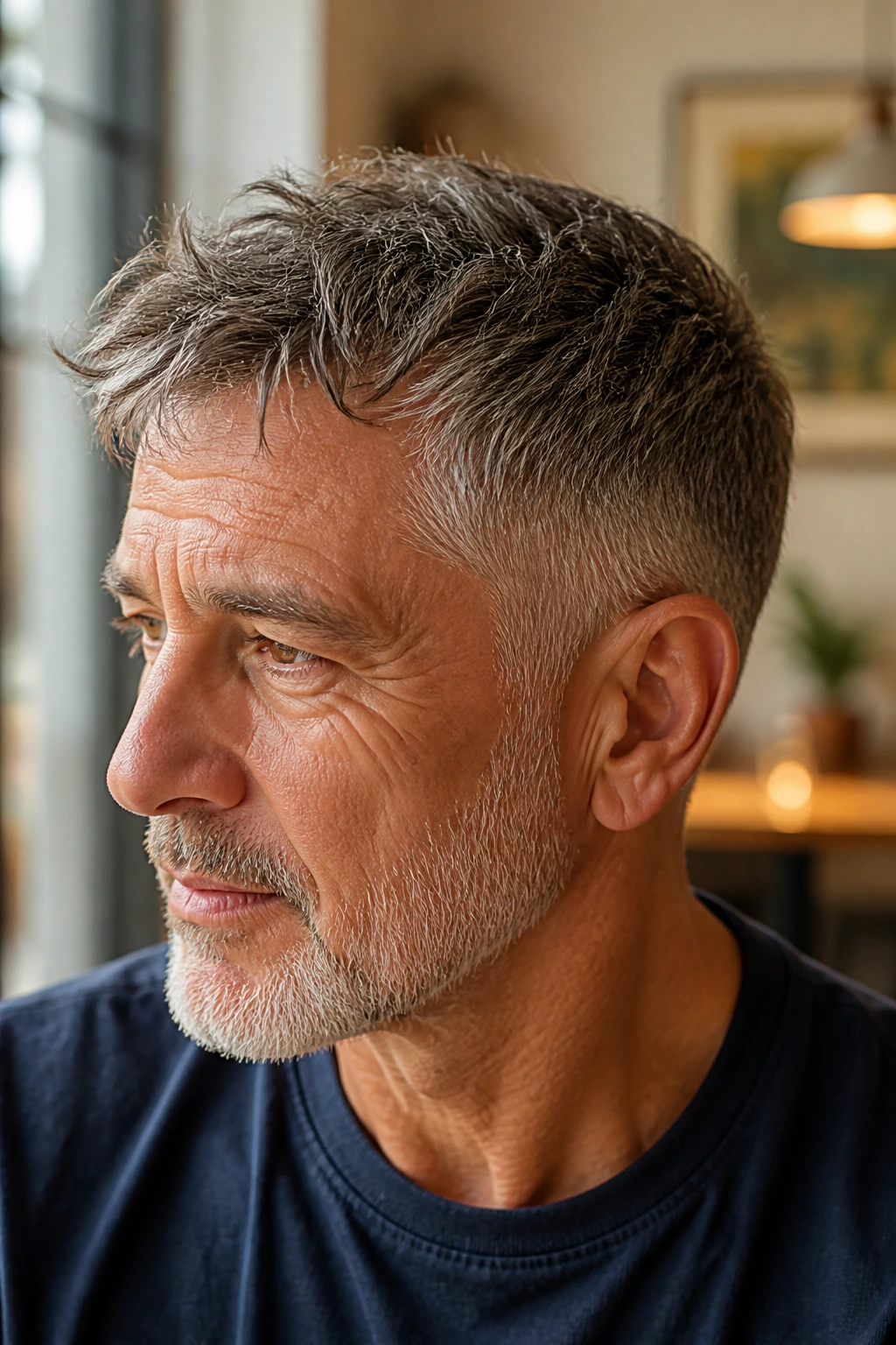 Close-up of a man with a textured crop and taper showing broken lines and natural texture