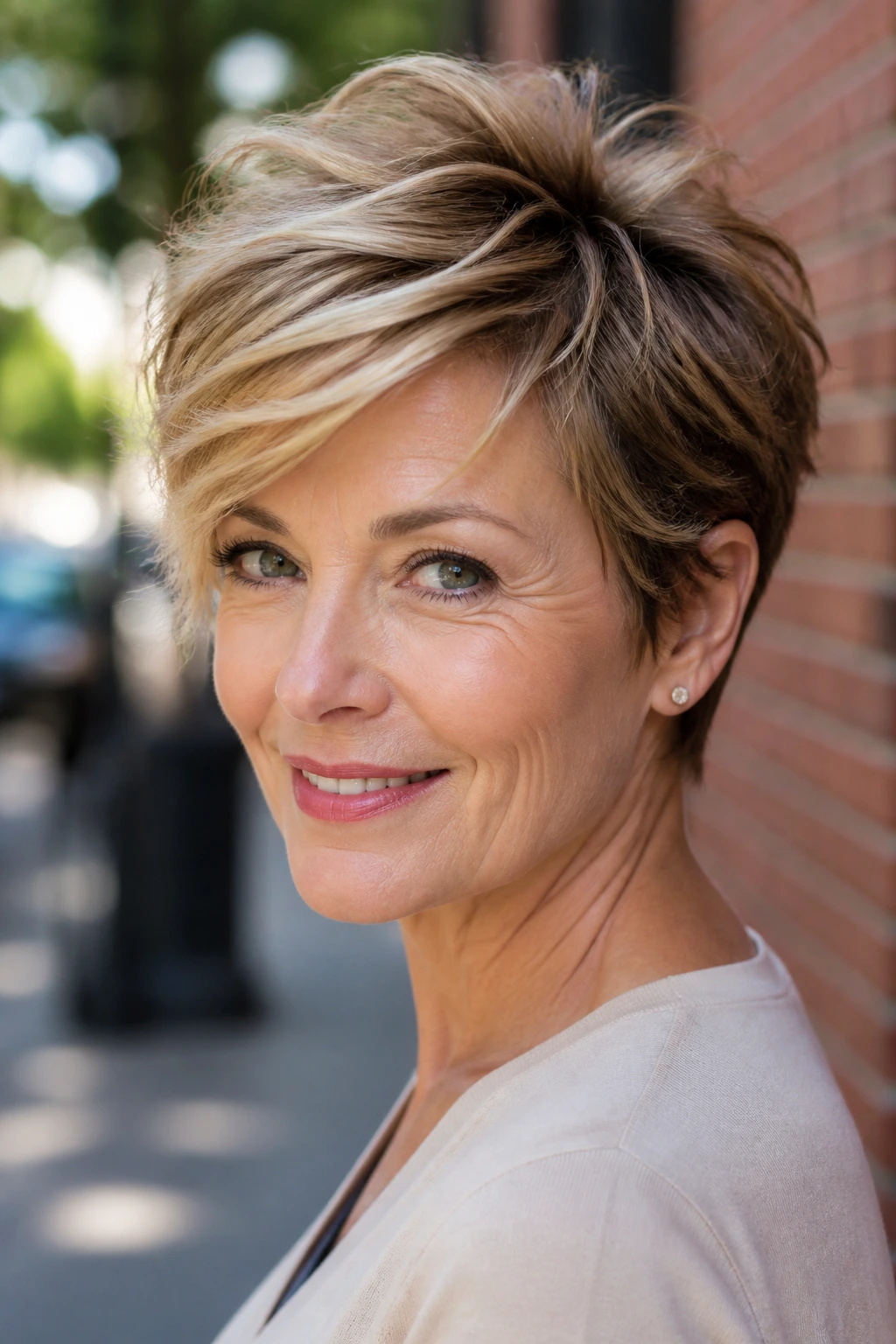 Close-up of a woman with a textured crop and toffee sweep in daylight.