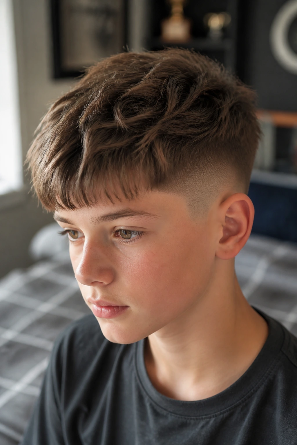 Close-up of a boy with a textured crop undercut and broken fringe