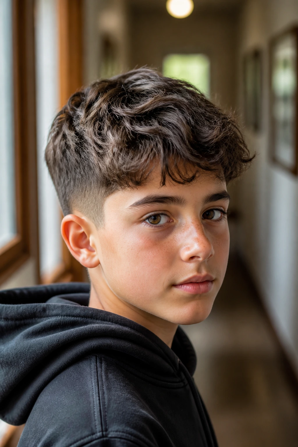 Close-up of a boy with a short textured wavy crop and low taper