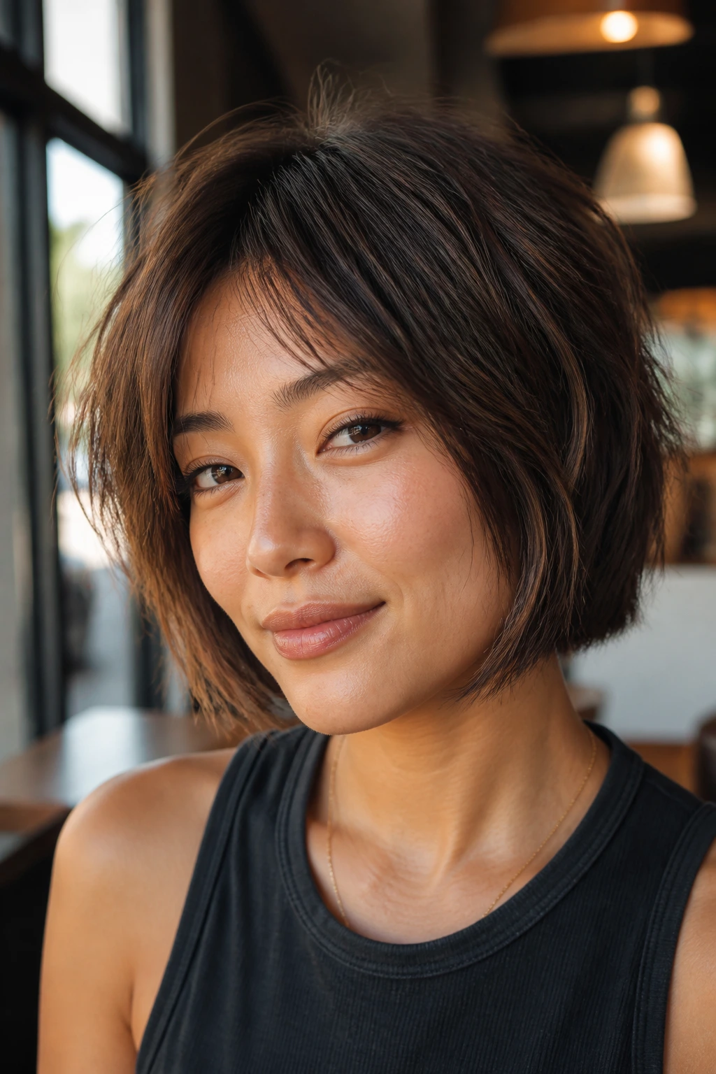 Real woman with cropped textured bob and micro layers in warm brown tones