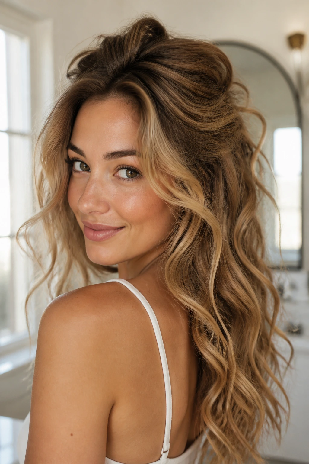 Close-up of textured curls with root lift in natural light