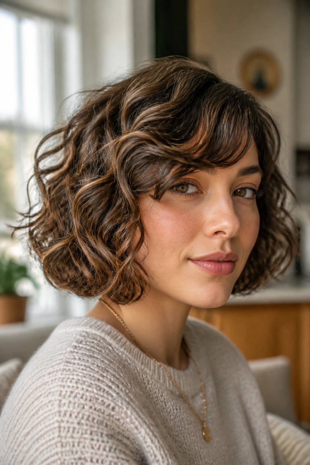 Portrait of a real woman with balanced textured curly bob in real-life setting