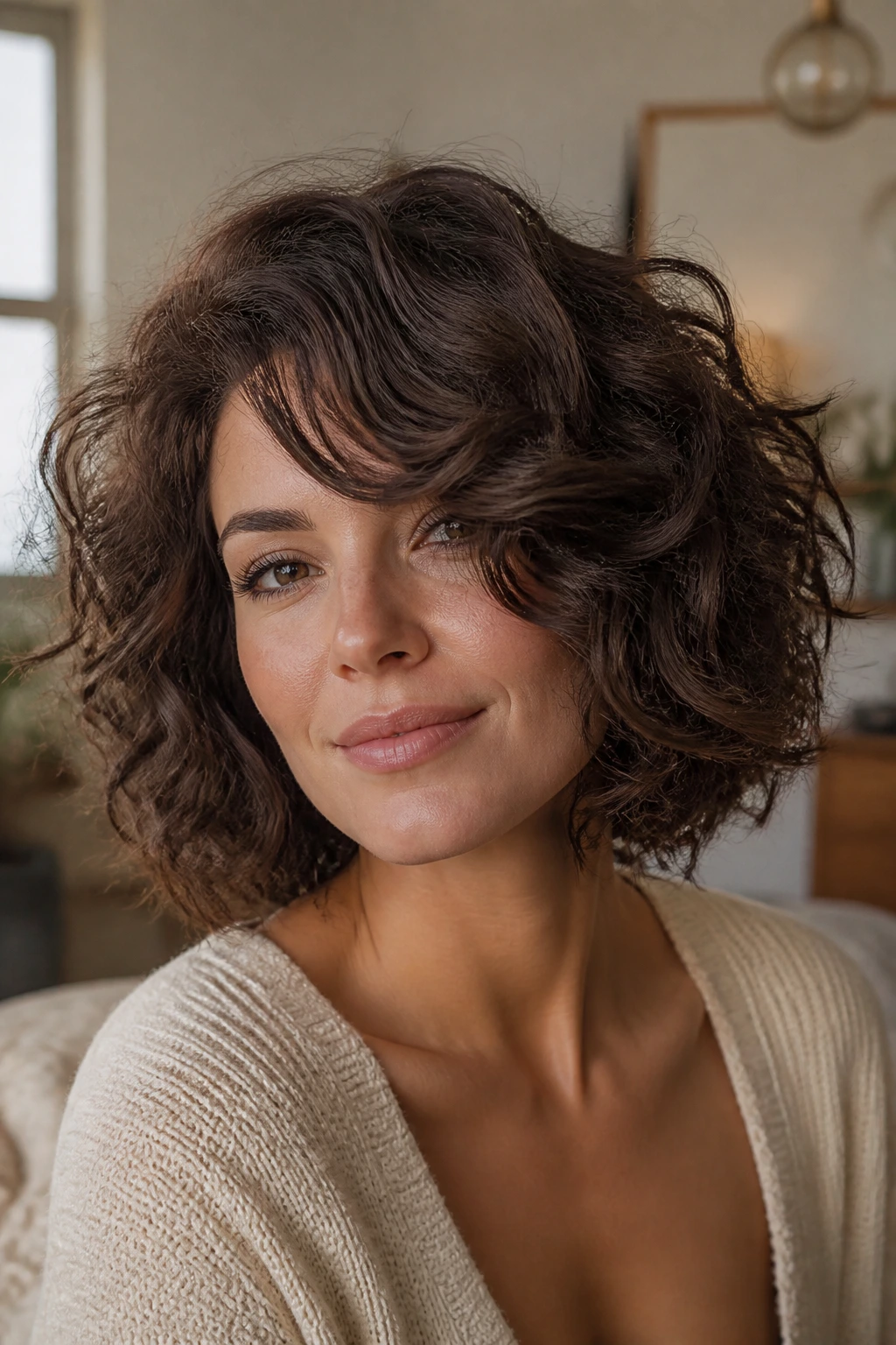 Portrait of woman with textured curly bob and side-swept bangs
