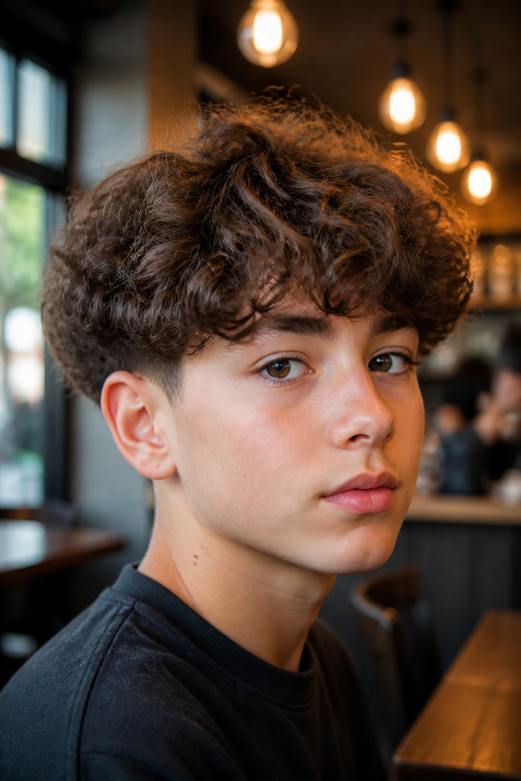 Close-up of a real boy with textured curly bowl cut in a warm cafe setting