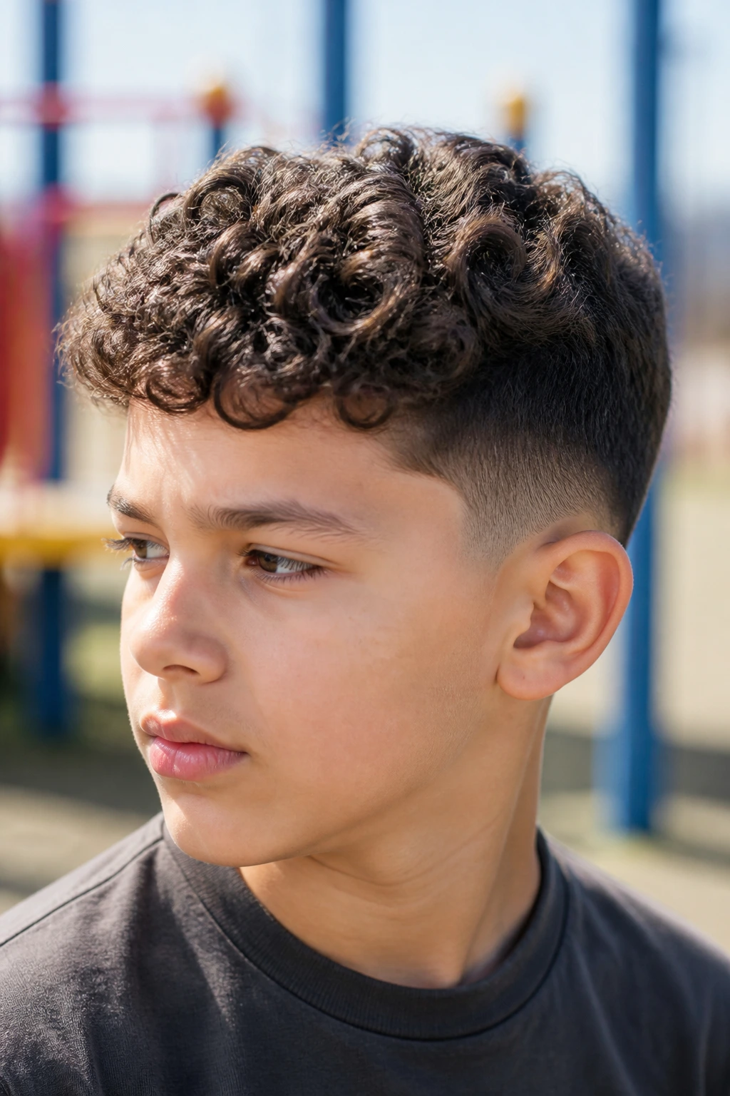 Boy with a short textured curly crop outdoors