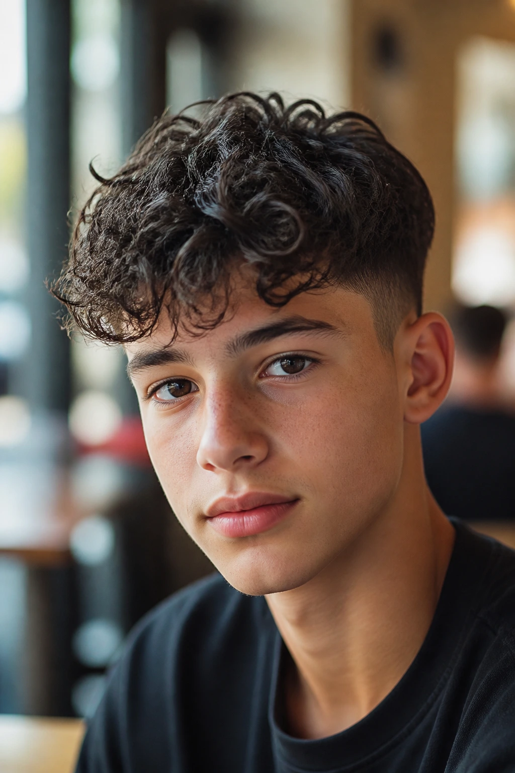 Real boy with textured curly fringe in a natural light setting