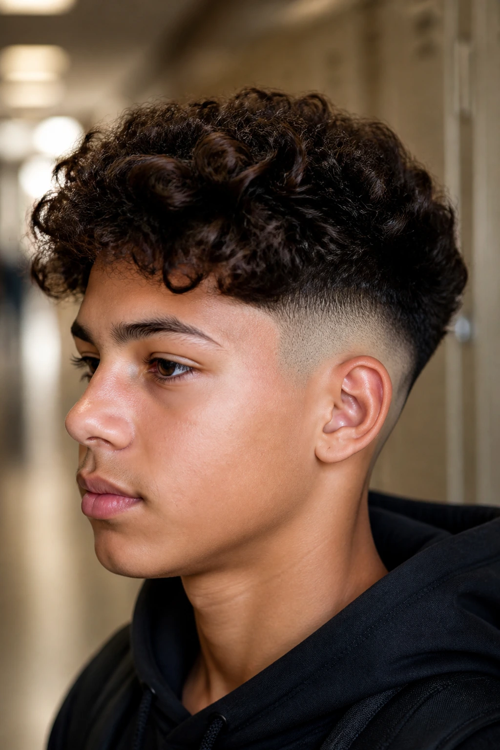Portrait of a real boy with textured curly top and drop fade in a hallway.