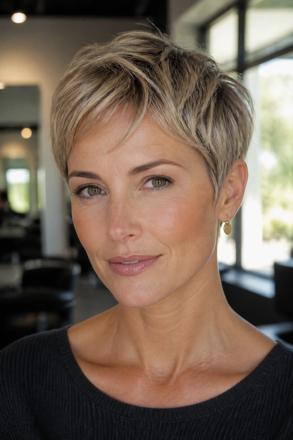 Close-up of a real woman with an ear-length textured crop in a modern salon