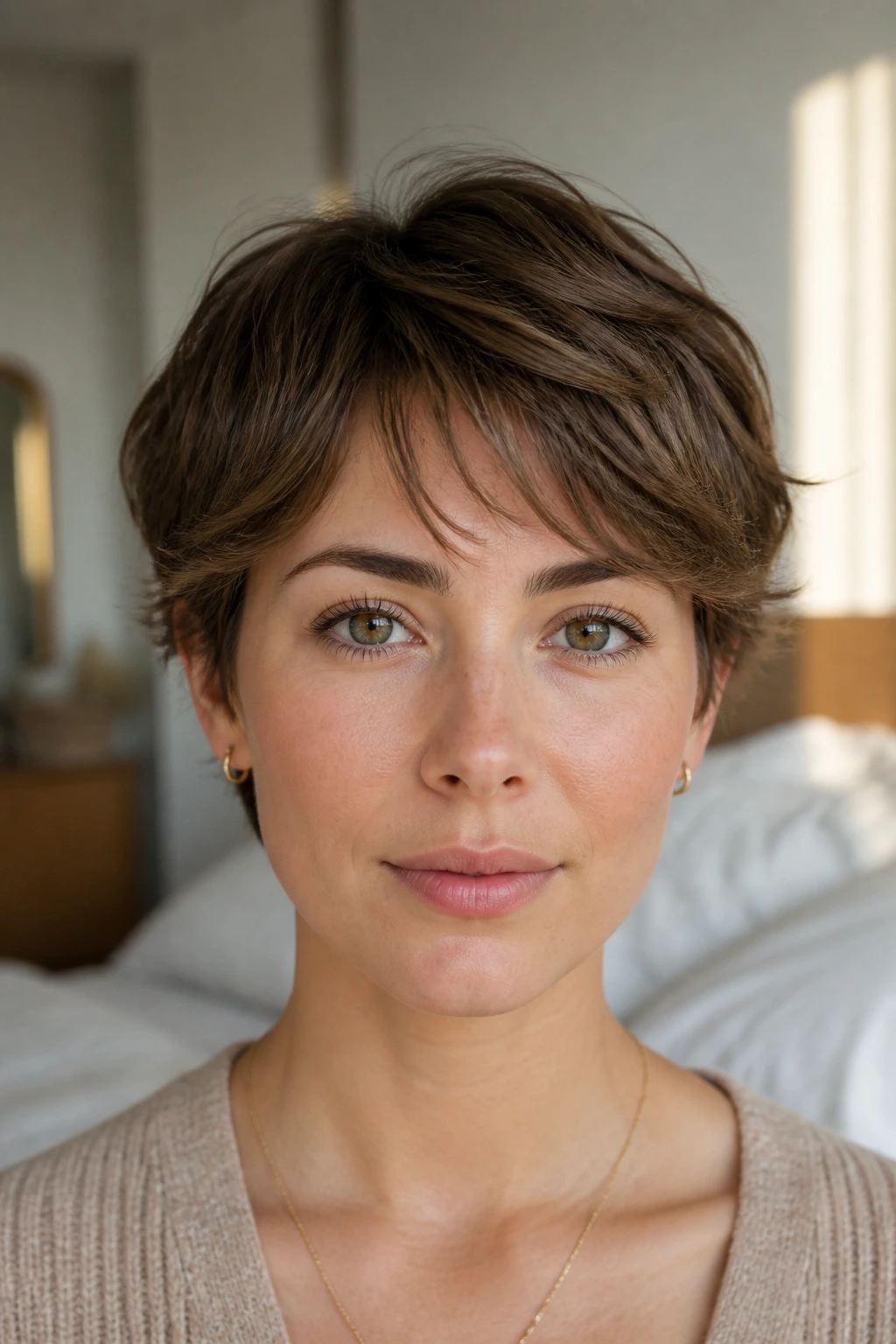Close-up of a real person with a textured ear-length crop.