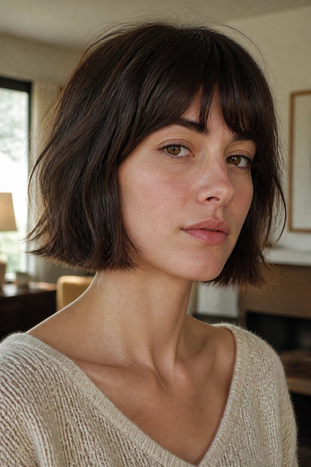 Close up portrait of a real woman wearing a textured ends French bob under warm window light