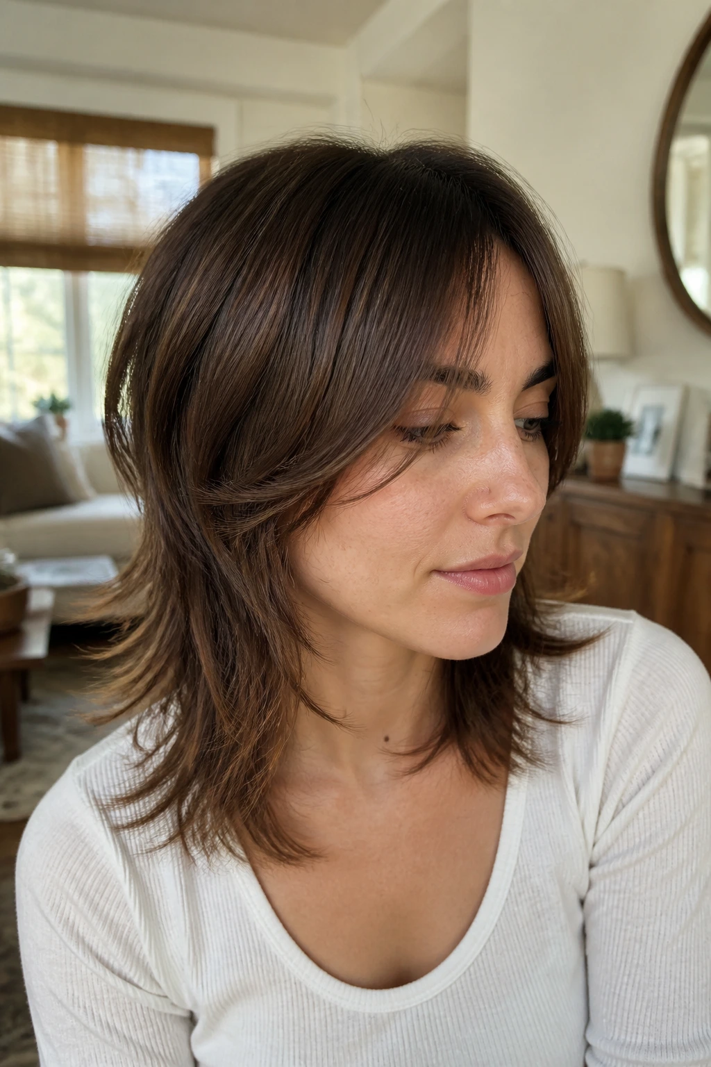 Close-up of a real woman with textured-ends-only shag hairstyle