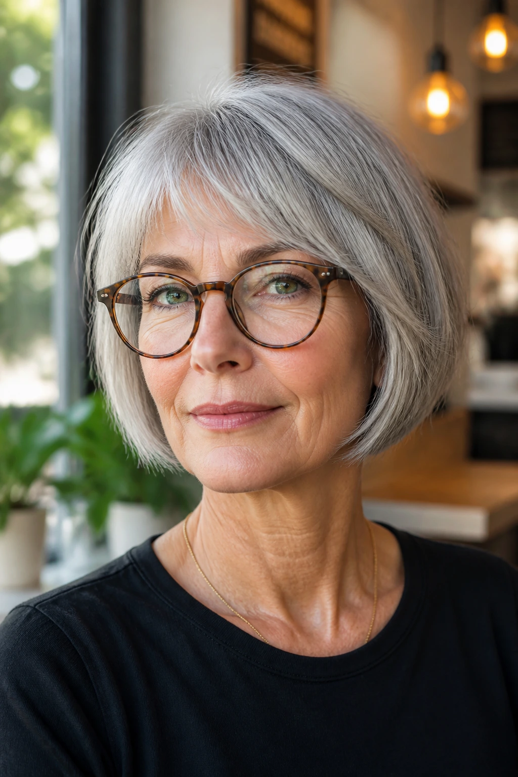 Woman with jaw-skimming textured French bob in bright cafe