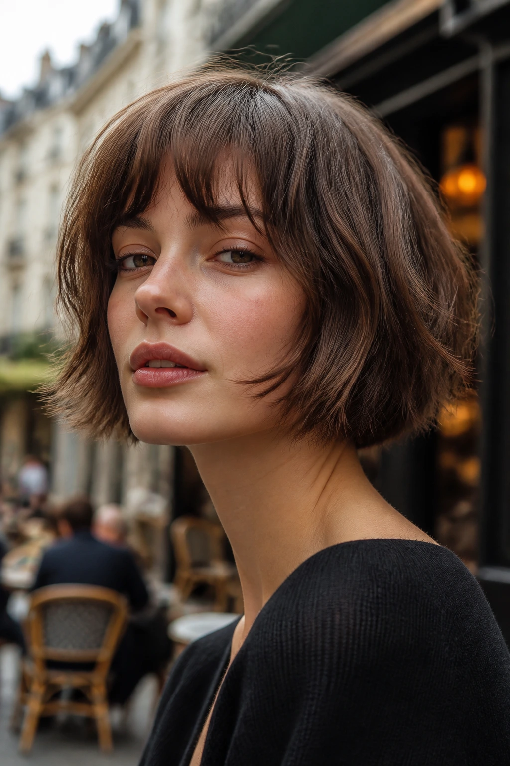 Portrait of a woman with a textured French bob and airy ends showing movement.