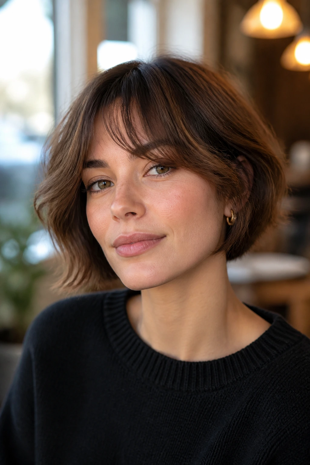 Close-up of textured French Bob with feathered fringe on a real woman