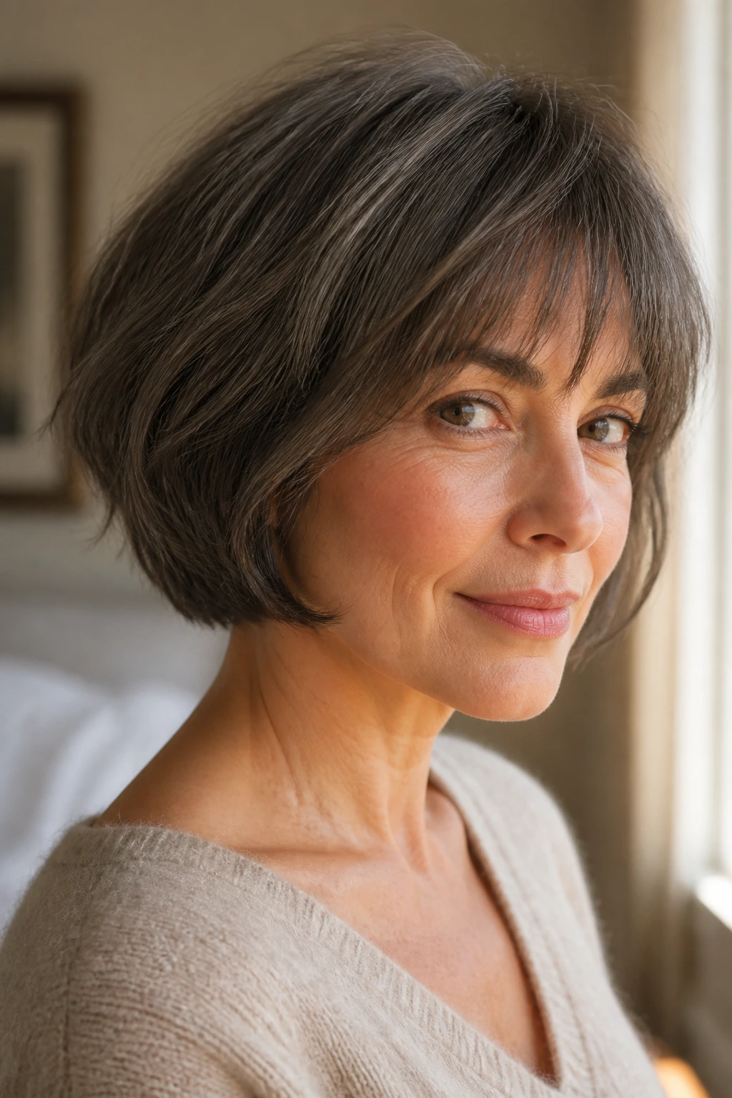 Close-up of a real woman with a mushroom-grey Textured French Bob and soft fringe in warm light