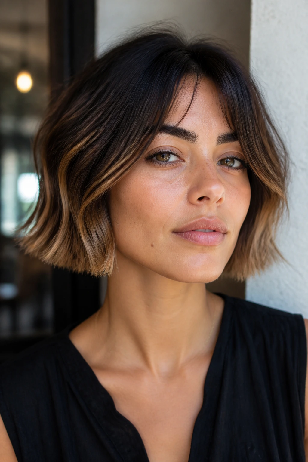 Close-up of a jaw-length textured French bob with honey ends on olive skin.