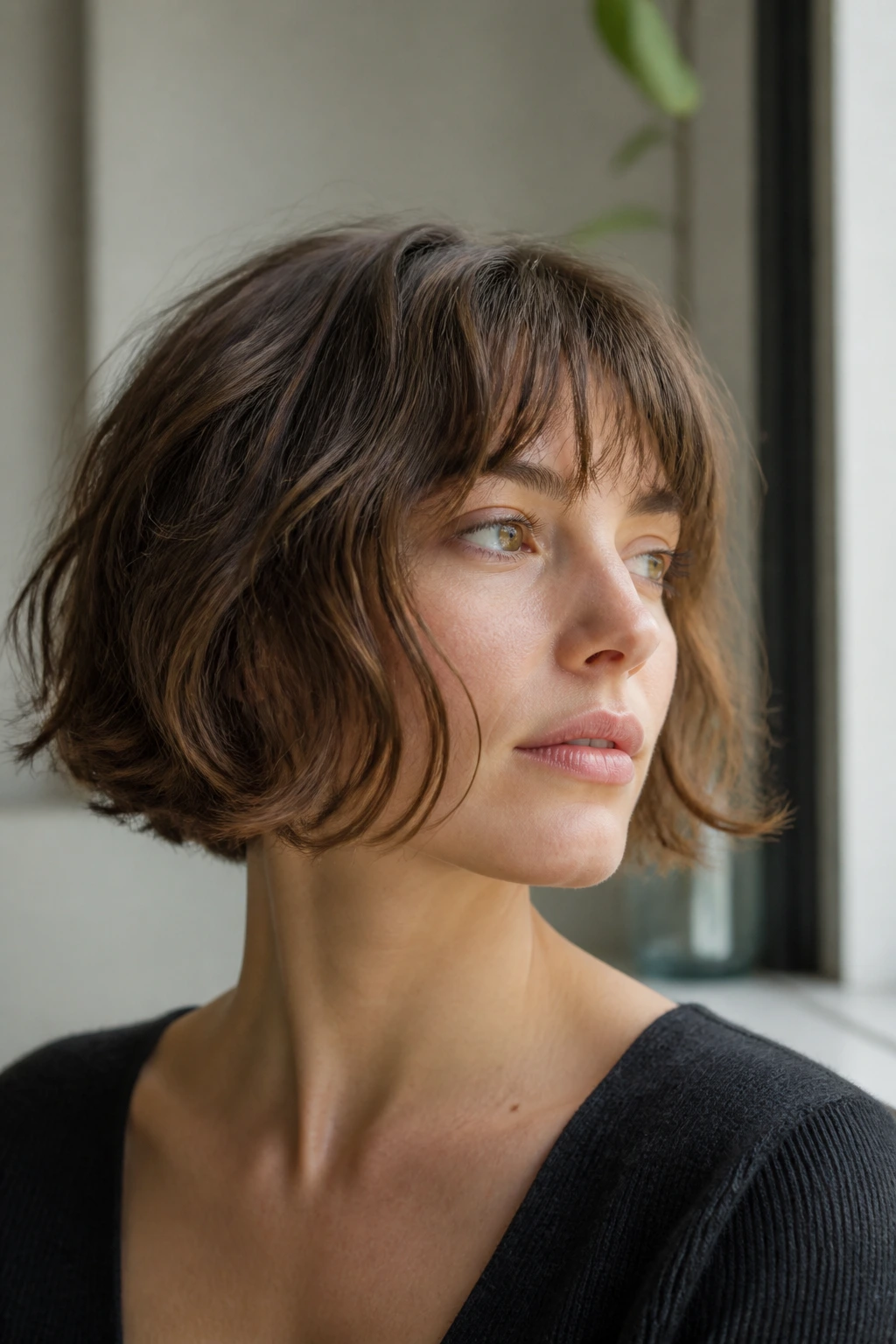 Close-up portrait of a real woman with a textured French bob and soft cheek-level movement