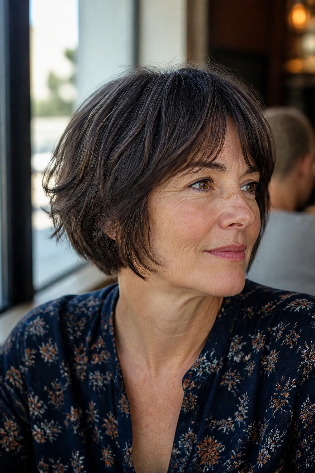 Portrait of a woman with a textured French bob-shag under daylight.