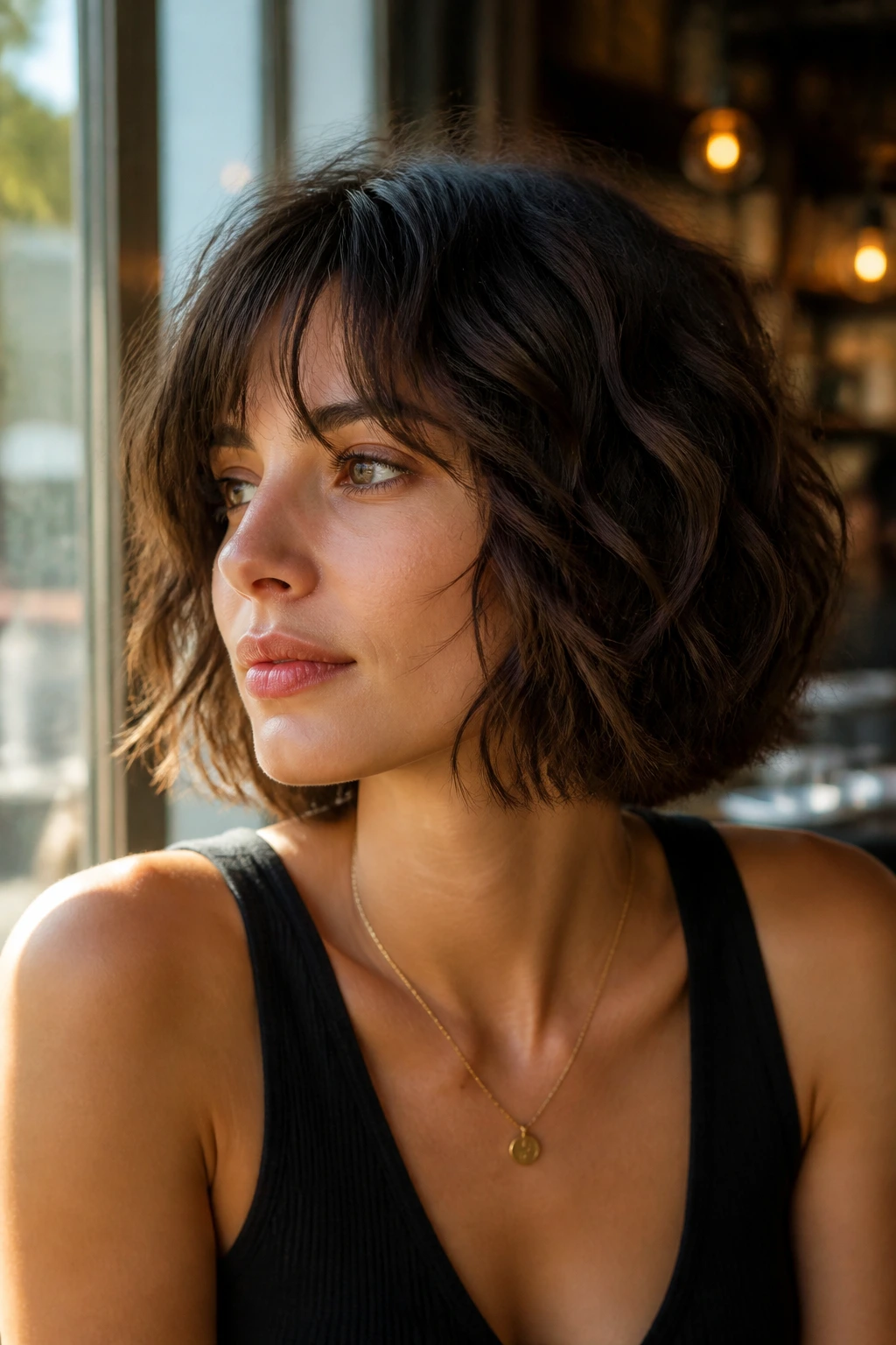 Close-up of a woman with a jaw-length textured French Bob in a sunlit cafe setting