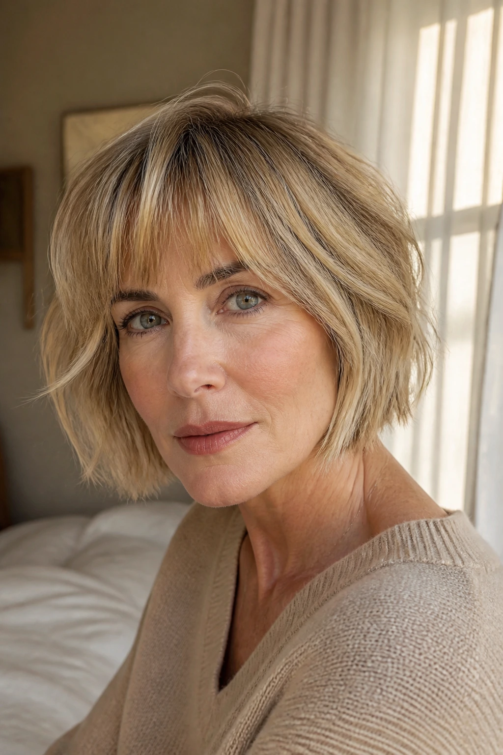 Close-up of a woman with a jaw-length textured French bob in wheat blonde under natural window light