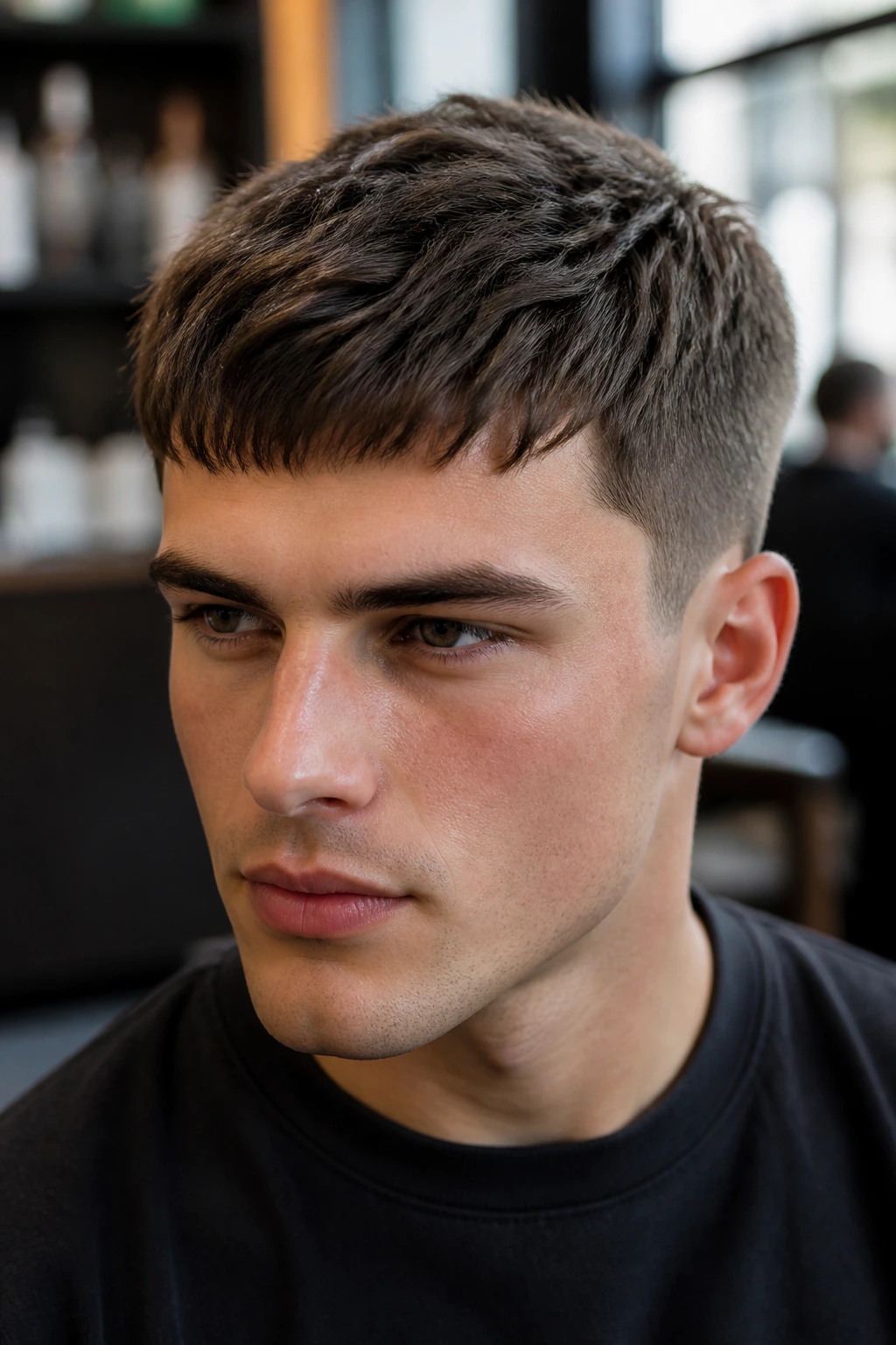 Close-up of a man with textured French crop and forward fringe