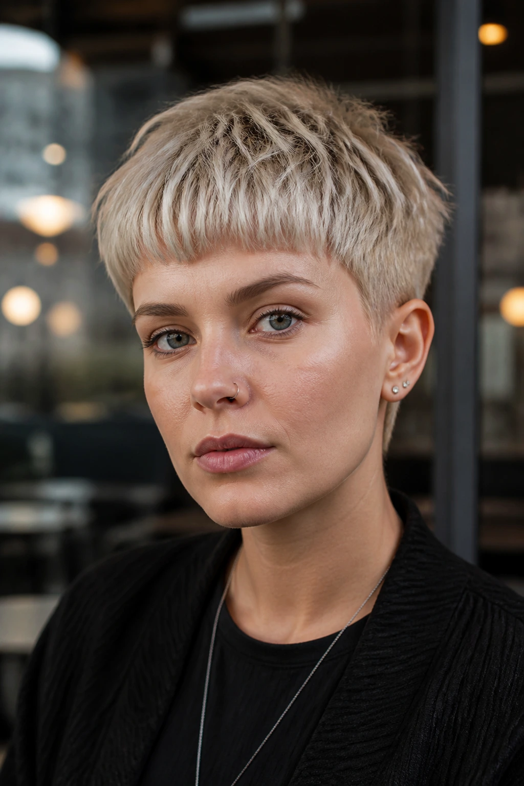 Real person with textured ash blonde French crop at cafe window.