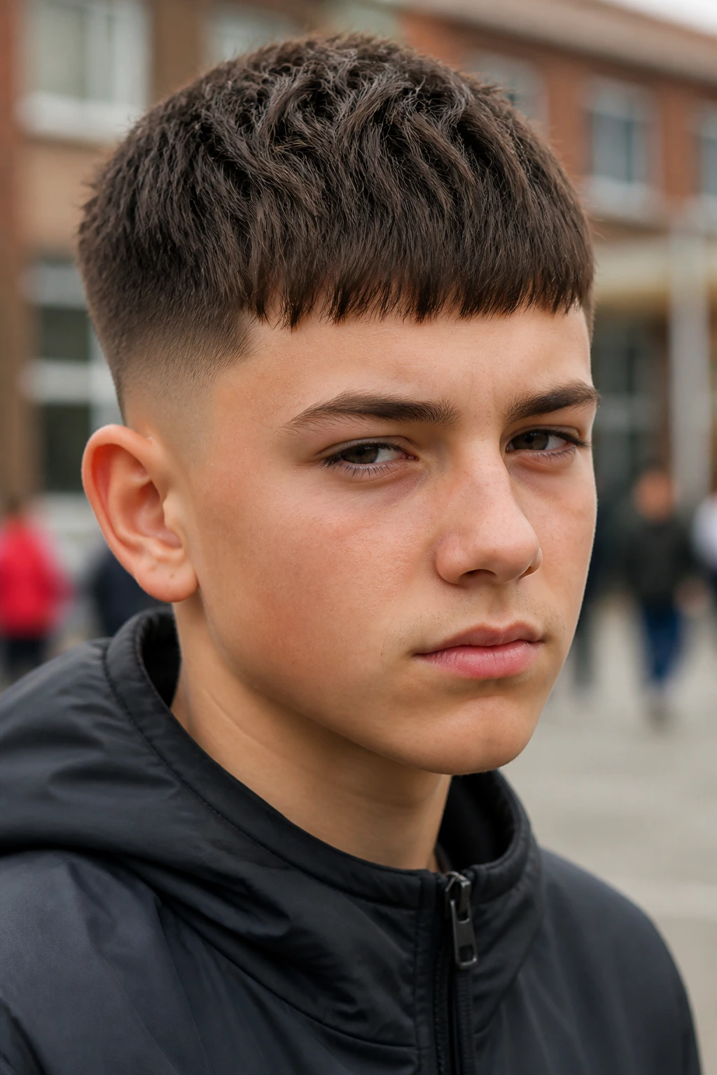 Close-up portrait of a boy with textured French crop and fringe